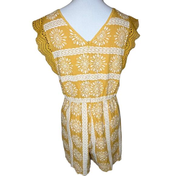 Skies Areโ Blue Mustard Yellow Eyelet Romper M Boho Flutter Sleeve Summer Cute - Picture 3 of 15